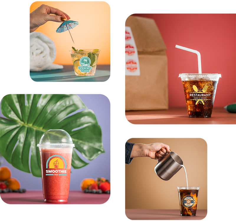 4 images in a collage, showing Pactiv Evergreen's Made to Order Cups printing capabilities