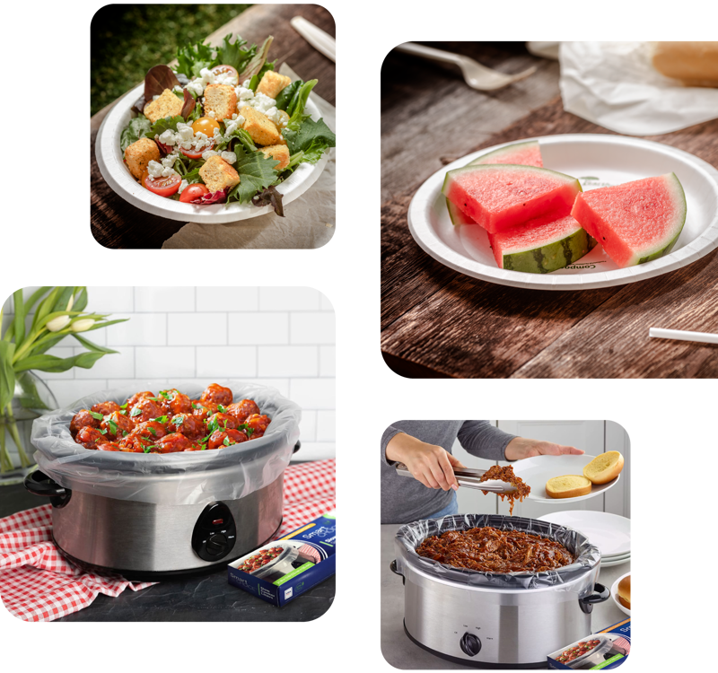 4 photos showcasing Pactiv Evergreen's private label line with plates and slow cooker liners specifically