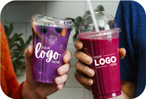 two cold beverage cups with "your logo here" on them, indicating pactiv evergreen's custom made to order printing options