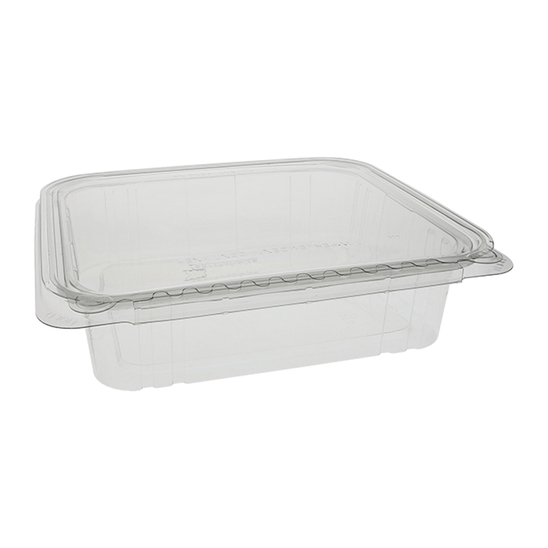 Tamper Tek 48 oz Rectangle Clear Plastic Container - with Hinged Lid,  Tamper-Evident - 8 1/4 x 7 1/2 x 2 3/4 - 100 count box