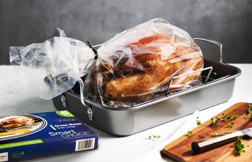 clear turkey oven bag with a roasted turkey inside