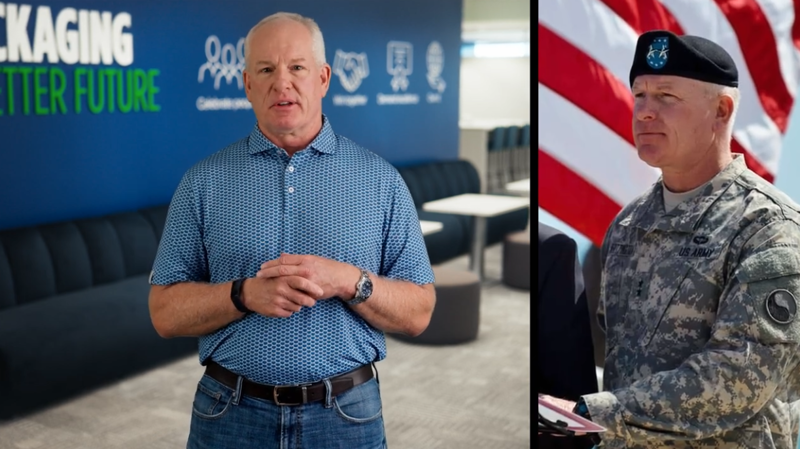 two images side by side. the left shows a veteran who works at Pactiv Evergreen's corporate office. the right shows the same man in his military uniform. 