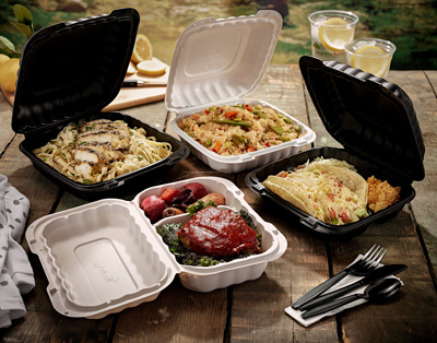 variety of dinner foods in four types of takeout containers	