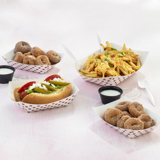 variety of stadium foods like loaded fries, a chicago style hot dog, mini cinnamon donuts, and ranch dressing in small portion cups