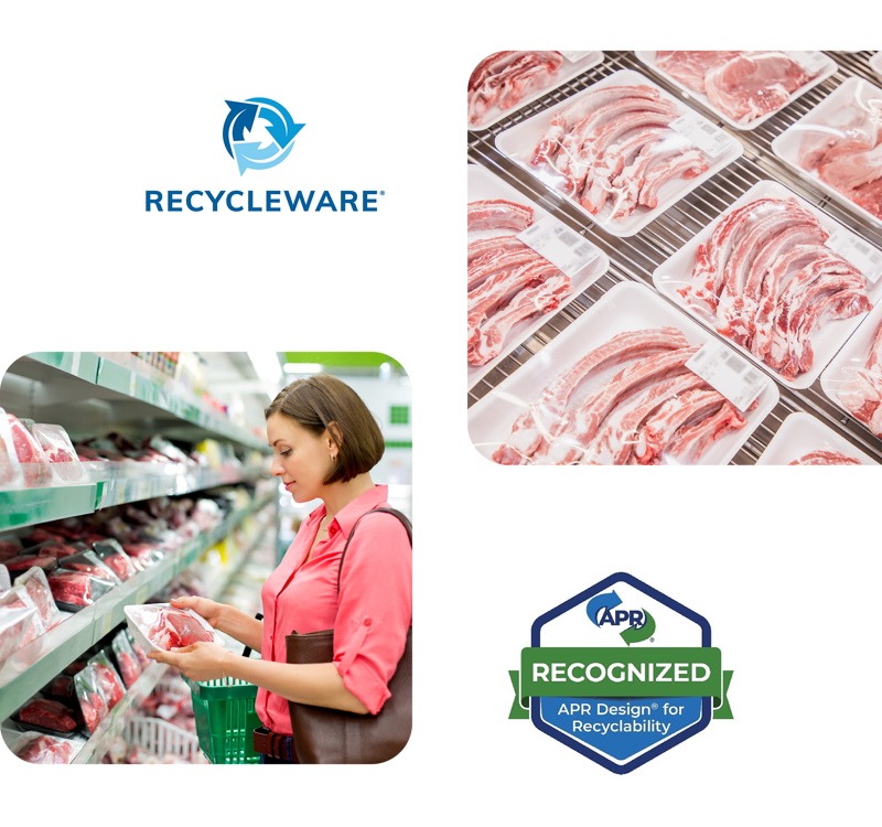 Collage of 4 images showing a raw meat in RDPP meat trays, Recycleware logo, and ARP recognized logo	