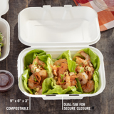 shrimp lettuce wraps in a compostable secure closure takeout container	