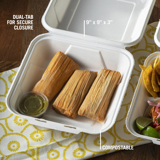 three tamales with a side of green sauce in a compostable takeout container	