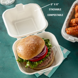 hamburger in a 6 x 6 stackable and compostable takeout container