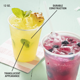 two clear cups with iced beverages inside	