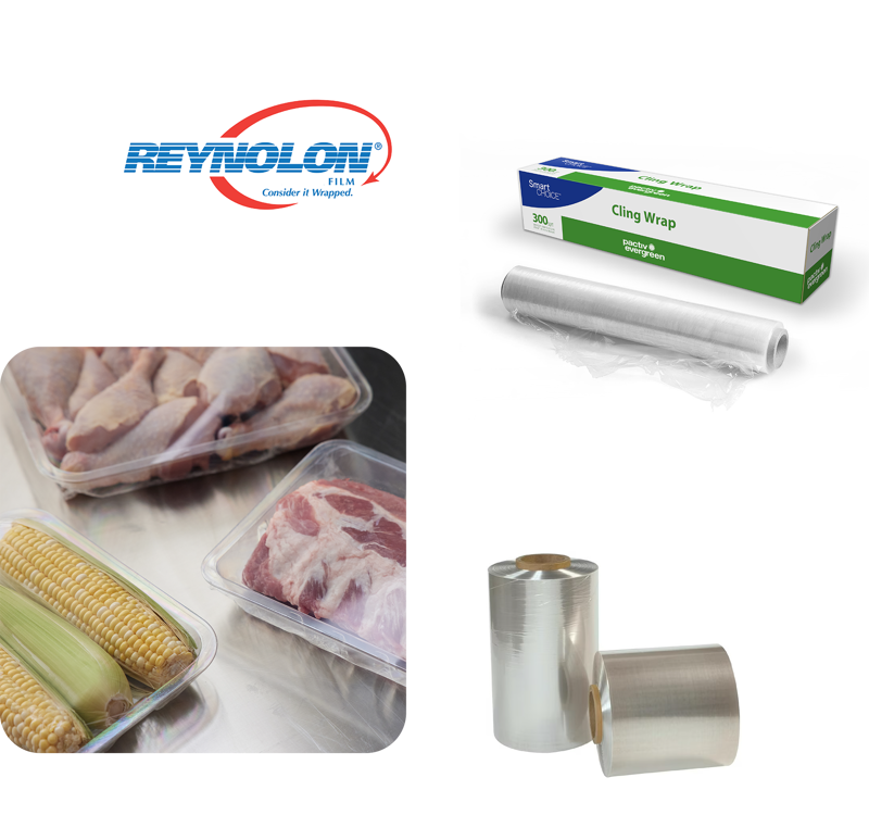 Collage with 4 Reynolon images, Reynolon logo, Reynolon clear wrap, meat and product trays wrapped with Reynolon