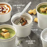 round white soup containers with different kinds of soups inside	