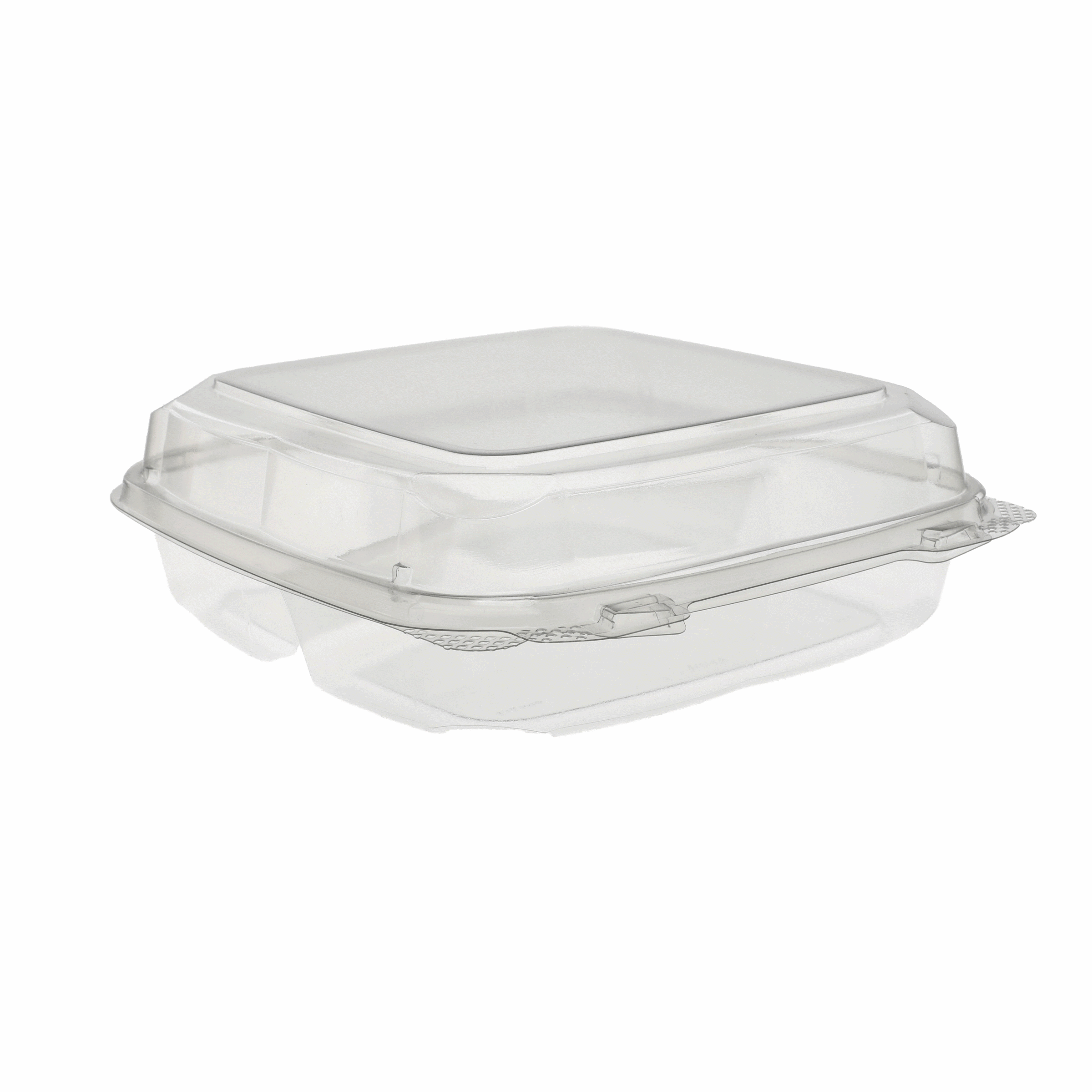 9 x 9 x 3 Recyclable RPET Hinged Lid 3 Compartment Takeout Container,  Clear, 250 ct.
