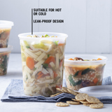 chicken noodle soup in a tall round clear takeout container and minestrone soup in a small round clear takeout container