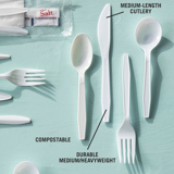 cutlery set with a spoon, knife, fork, and soup spoon